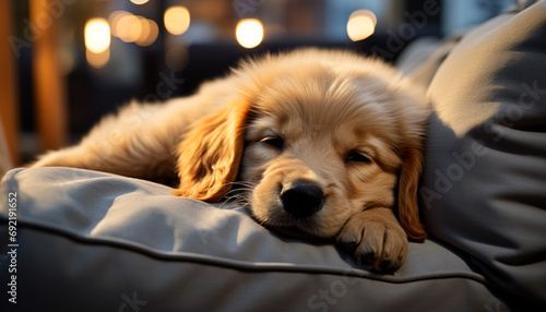 Cute puppy sleeping, fluffy and pampered, indoors, comfortable and relaxed generated by AI