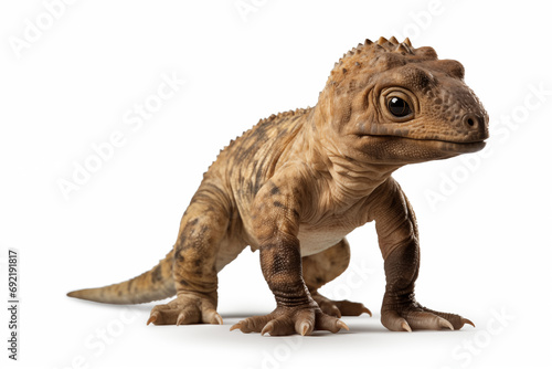 Cute Baby Dinosaur in Brownish Tan Hues, Playfully Posing on All Fours Isolated on a White Background © Tigarto