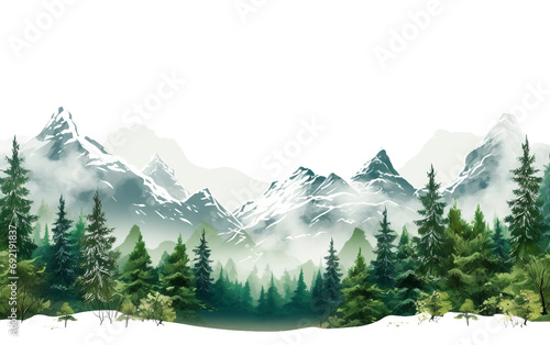 Panoramic Winter Wonderland Snowy Peaks Isolated on Transparent Background PNG.