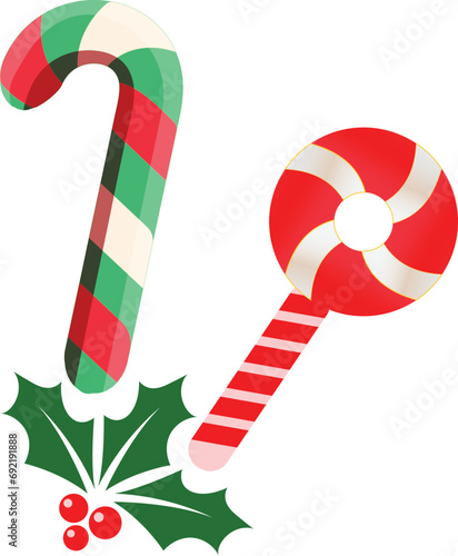 Santa Claus candy cane with vector design. Red berries. Christmas icon
