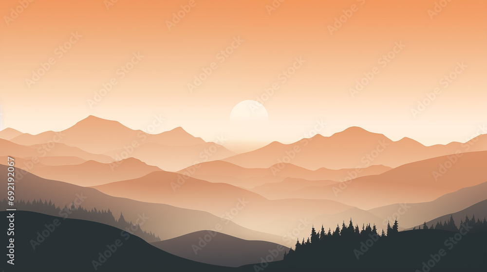 Peachy Sunset Serenity: Illustrated Mountain Scenery with Foggy Peaks, Sun Setting Behind Majestic Mountains, and Lush Foreground Forest
