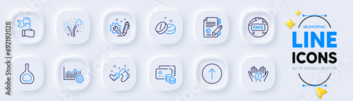 Cognac bottle, Swipe up and Fake news line icons for web app. Pack of Copywriting, Fireworks, Operational excellence pictogram icons. Medical tablet, Leadership, Coffee signs. Money. Vector