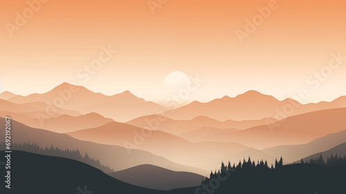 Peachy Sunset Serenity: Illustrated Mountain Scenery with Foggy Peaks, Sun Setting Behind Majestic Mountains, and Lush Foreground Forest © Tigarto