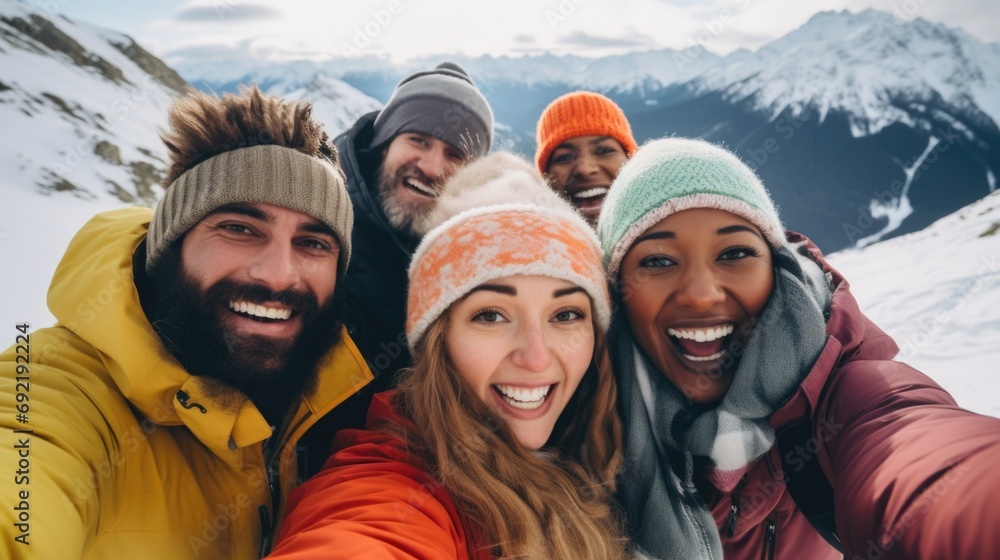 A cheerful group of friends in the snowy mountains laugh and take selfies. Friendship and relationships. Multinational.