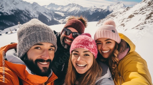A cheerful group of friends in the snowy mountains laugh and take selfies. Friendship and relationships. Multinational.