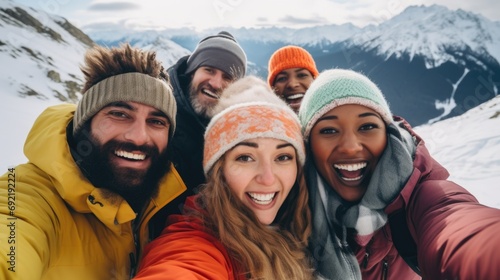 A cheerful group of friends in the snowy mountains laugh and take selfies. Friendship and relationships. Multinational.