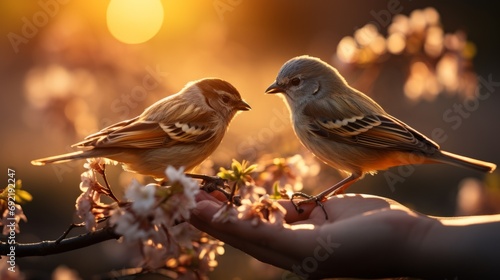 Sparrows feed from the hand against the backdrop of spring blossoms, Concept: birds in the wild and the harmony of human interaction with nature. Animal care
