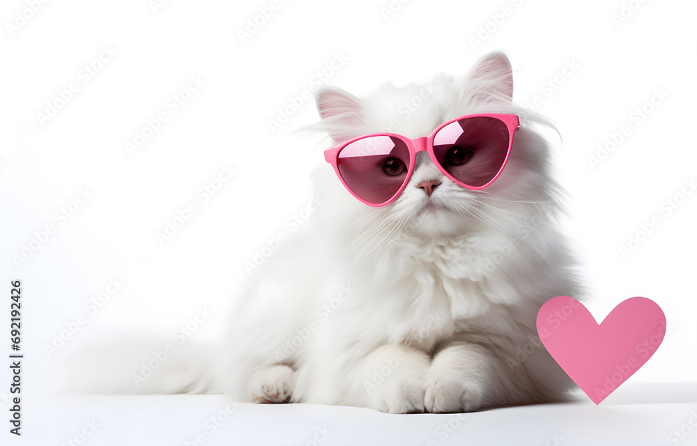 Obraz premium white cat with glasses red shape heart on white background