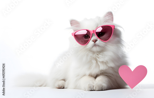 white cat with glasses red shape heart on white background