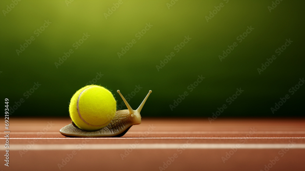 Snail wearing tennis on its back. Minimalistic composition on a tennis court. 