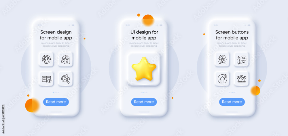 Outsourcing, Loan percent and Info line icons pack. 3d phone mockups with star. Glass smartphone screen. Petrol station, Help, Chemistry lab web icon. Vector Outsourcing, Loan percent and Info line icons pack. 3d phone mockups with star. Glass smartphone screen. Petrol station, Help, Chemistry lab web icon. Vector