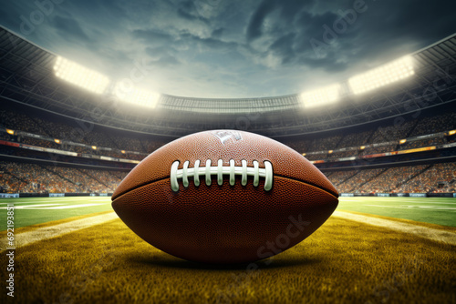 American football ball on stadium. American football arena. Generative AI photo