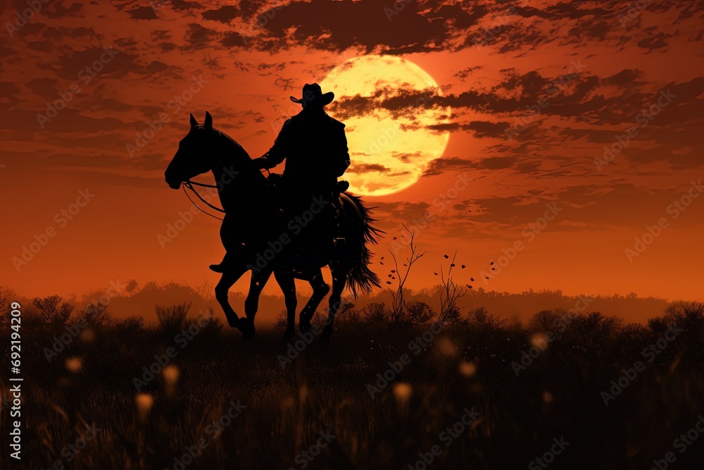 Silhouette of a cowboy riding a horse in a field.