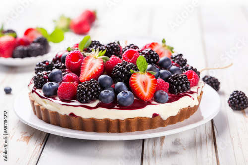 Mixed berry cheesecake tart with chocolate on light sunny background. Generative AI