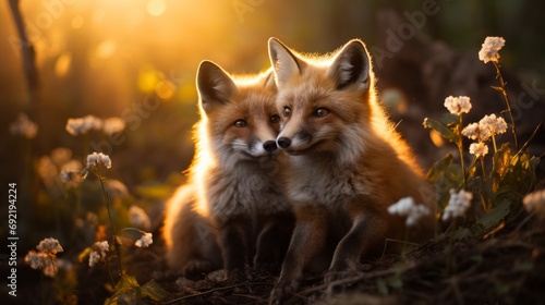 Two young fox cubs enjoy the rays of the spring sun in a forest clearing, surrounded by blooming flowers, Concept: publications about wildlife and environmental protection. Red cunning animals © Marynkka_muis