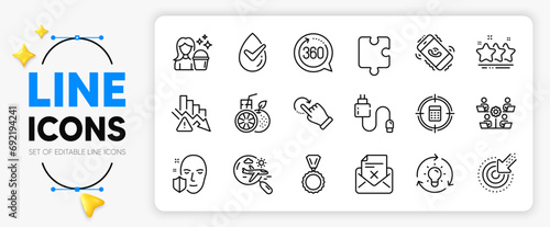 Rotation gesture, Orange juice and Face protection line icons set for app include 360 degrees, Idea, Cleaning outline thin icon. Reject letter, Charging cable, Teamwork pictogram icon. Vector