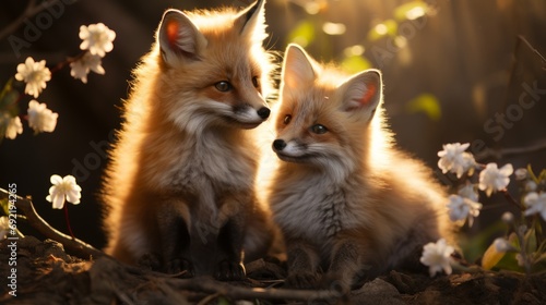 Two young fox cubs enjoy the rays of the spring sun in a forest clearing, surrounded by blooming flowers, Concept: publications about wildlife and environmental protection. Red cunning animals