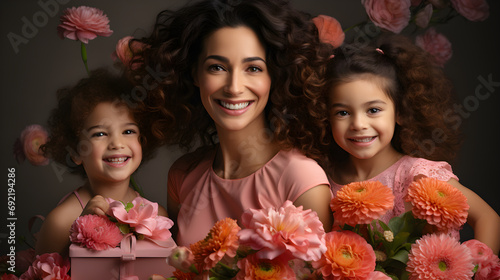Mujer latina con sus hijos celebrando el dia de la madre entre flores y regalos