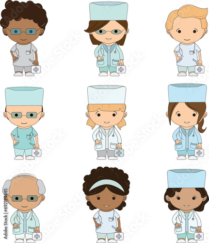 Set Illustrations medical personnel, doctor, nurse, health, medicine. Collection Medical characters. Cute doctors, stomatologs and nurses. Men and women are avatars. Vector flat