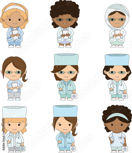Set Illustrations medical personnel, doctor, nurse, health, medicine. Collection Medical characters. Cute doctors, stomatologs and nurses. Men and women are avatars. Vector flat