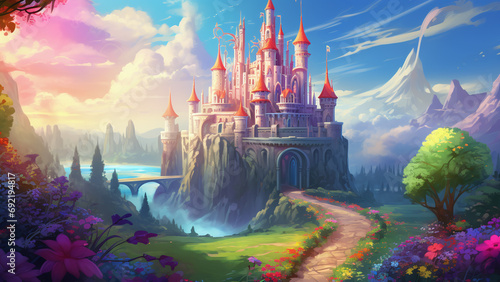 Wonderful castel. Video Game's Digital Artwork, Concept Illustration, Realistic Cartoon Style Background photo