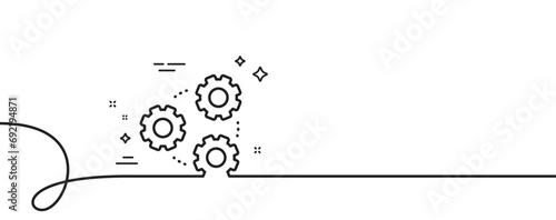 Gears line icon. Continuous one line with curl. Teamwork cogwheel sign. Working process symbol. Gears single outline ribbon. Loop curve pattern. Vector
