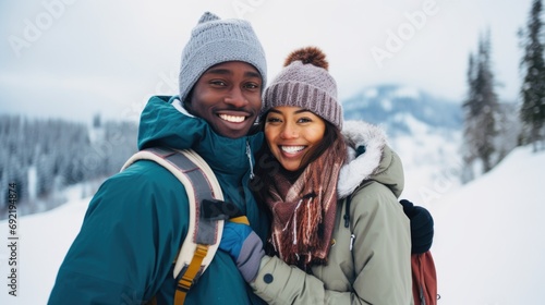 Couple man and woman at a ski resort. Travel and recreation, entertainment and vacation. Active lifestyle. Relationships.