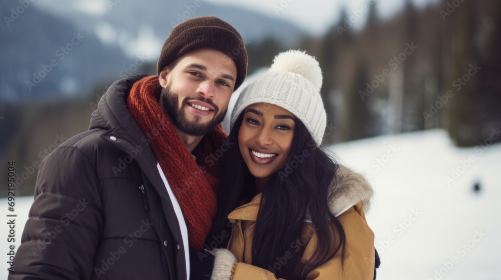 Couple man and woman at a ski resort. Travel and recreation, entertainment and vacation. Active lifestyle. Relationships.