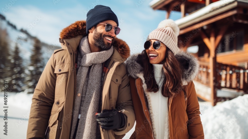 Couple man and woman at a ski resort. Travel and recreation, entertainment and vacation. Active lifestyle. Relationships. Couple man and woman at a ski resort. Travel and recreation, entertainment and vacation. Active lifestyle. Relationships.