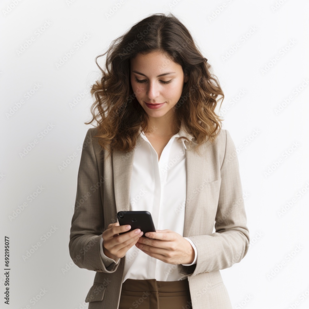 A brunette woman with curly hair in a green blouse uses a smartphone on a white background. A brunette woman with curly hair in a green blouse uses a smartphone on a white background.