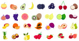 Fruits set flat colourful vector: avocado, banana, raspberry, strawberry, lemon, orange, mango, papaya, grape, pear, passion fruit 