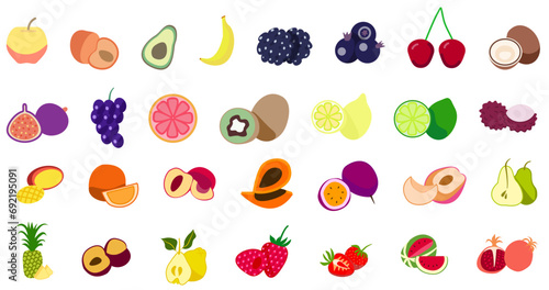 Fruits set flat colourful vector: avocado, banana, raspberry, strawberry, lemon, orange, mango, papaya, grape, pear, passion fruit 