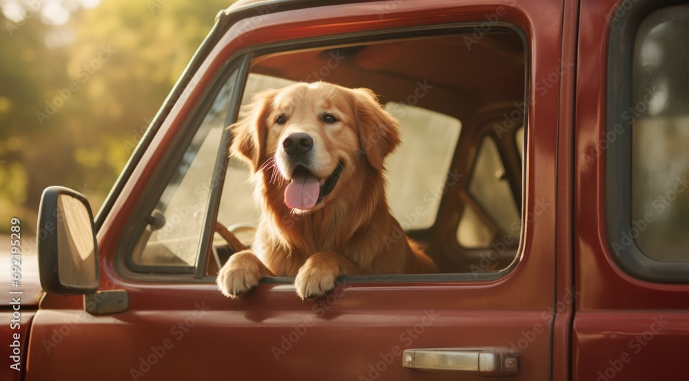 A golden retriever dog is sitting in the driver's seat of a red truck. Generative AI.