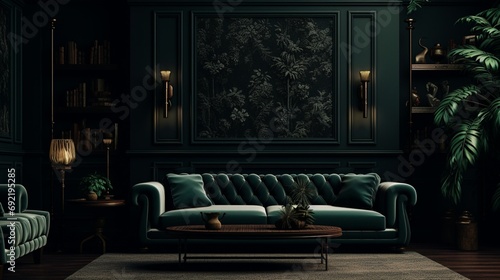 A moody, dark green home interior with a subtle wall mock-up, capturing the essence of mystery and sophistication.