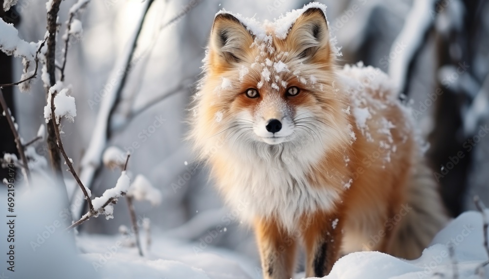 The fox looks at the camera as the animal walks through the snowy forest to assess its environment. Red cunning animal. Concept: wild winter nature with a predator The fox looks at the camera as the animal walks through the snowy forest to assess its environment. Red cunning animal. Concept: wild winter nature with a predator