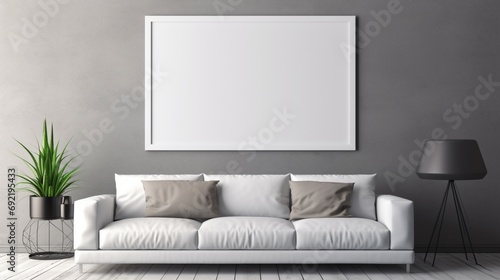 A pristine white mockup frame placed against a concrete accent wall in a high-tech living room, showcasing a futuristic atmosphere with metallic accents.