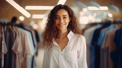 Happy smiling woman stands between hangers with blouses in fashion store. Cheerful woman visits boutique. Cute lady likes to go to mall. Beautiful young female on sale. Shopping and fasion concept. photo