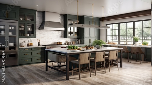 A spacious kitchen island featuring charcoal gray cabinets and stainless steel appliances, complemented by deep green subway tiles in a luxurious new farmhouse setting © Ashad