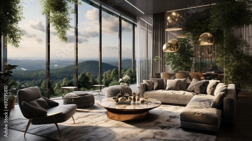 A well-designed living room boasting a tufted fabric sofa  adorned with metallic accents and a panoramic view of lush greenery outside