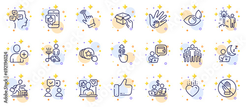 Outline set of Shift, Hold box and Like line icons for web app. Include Wallet, Add user, Heart pictogram icons. Cleaning, Mobile like, Corrupt signs. People voting. Circles with 3d stars. Vector