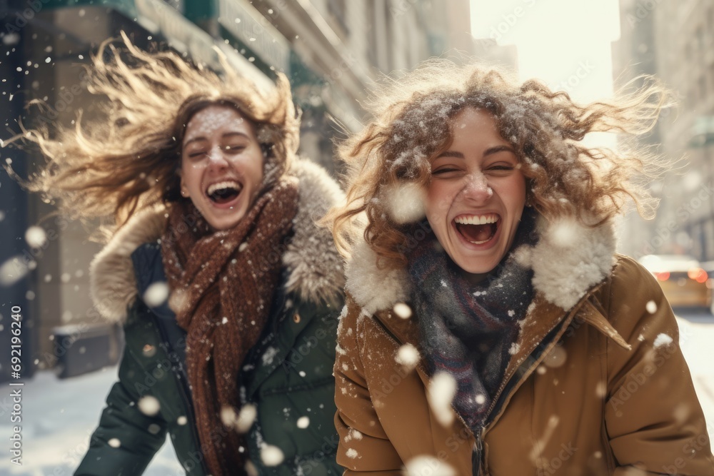 Portrait of two young women dressed in warm clothing spending leisure time together outdoors. Pretty female friends enjoying snowy time on fresh air. Portrait of two young women dressed in warm clothing spending leisure time together outdoors. Pretty female friends enjoying snowy time on fresh air.