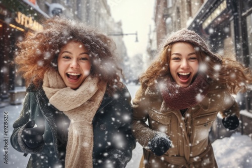 Portrait of two young women dressed in warm clothing spending leisure time together outdoors. Pretty female friends enjoying snowy time on fresh air.