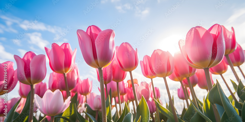Close up of pink tulips growing on field in spring, sky background 
