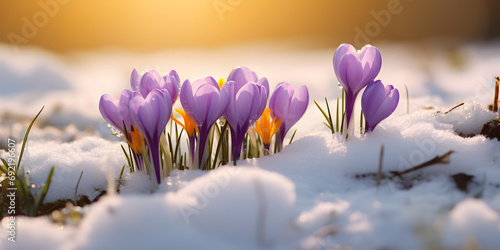 Close up of purple spring crocus flowers growing in the snow, blurry background  © TatjanaMeininger