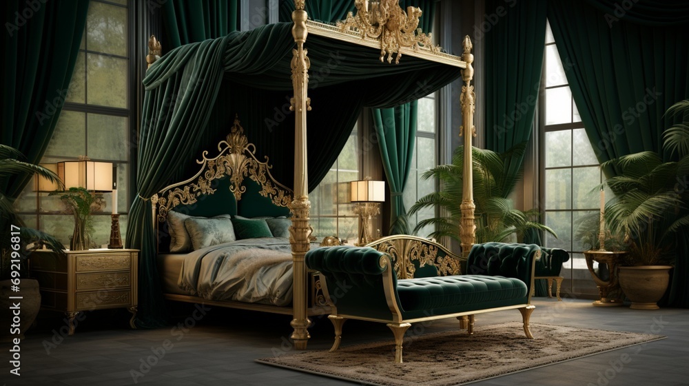 Design a regal bedroom with an emeraldgreen velvet canopy bed, gold