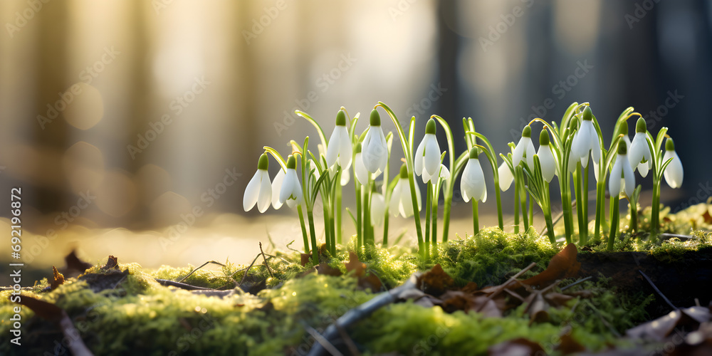 Close up of white spring snowdrop flowers growing in the snow, blurry forest  background  - obrazy, fototapety, plakaty 