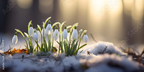 Close up of white spring snowdrop flowers growing in the snow, blurry forest background 