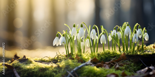 Close up of white spring snowdrop flowers growing in the snow, blurry forest  background  photo