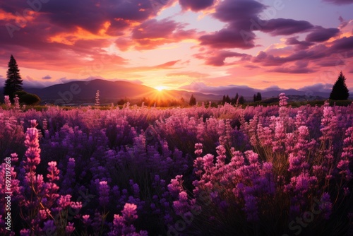 The setting sun illuminates a lavender field, illustration of a purple-pink warm and inspiring atmosphere, Concept: rural tourism, aromatherapy and nature photography © Neuro architect