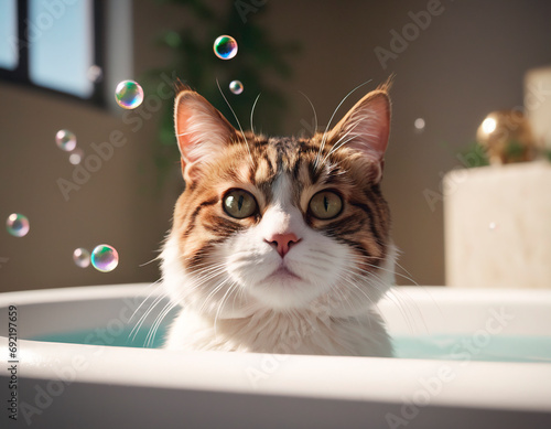 Cat bathing in bathtub, looking at camera